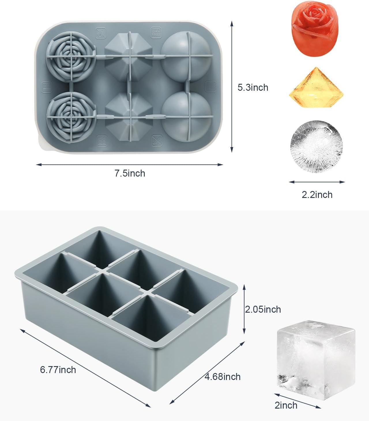 2Pack Silicone Square and round Ice Cube Trays for Freezer - Sphere, Rose, Diamond Ice Molds for Whiskey, Cocktails & DIY, Gray