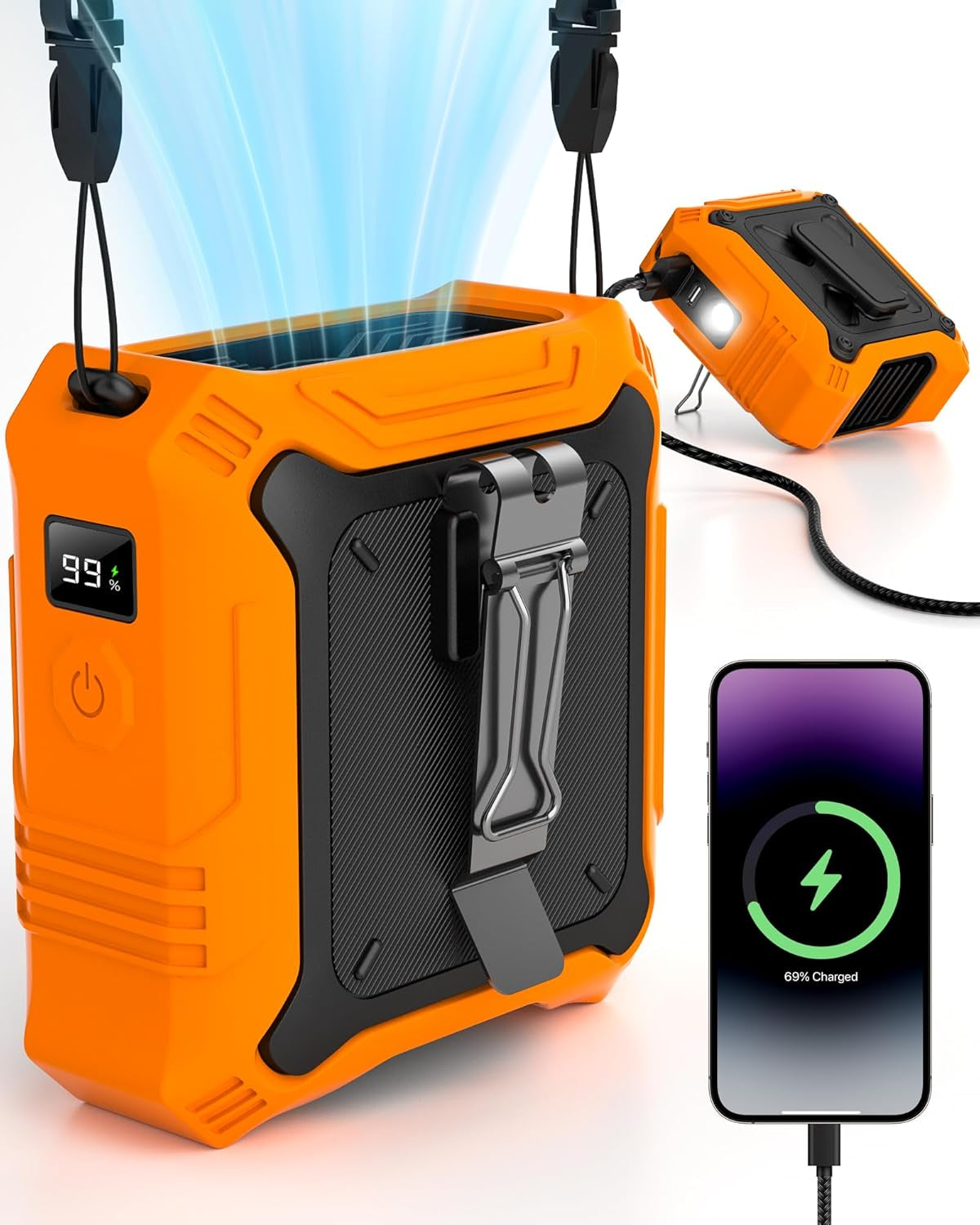 Portable Fan with 5-Speed Settings, Dual-Sided Clip on Wearable Belt Waist Fan for 8000Mah, 2 Settings Including Flashlight,Travel Essential for Outdoor Camping as Power Bank