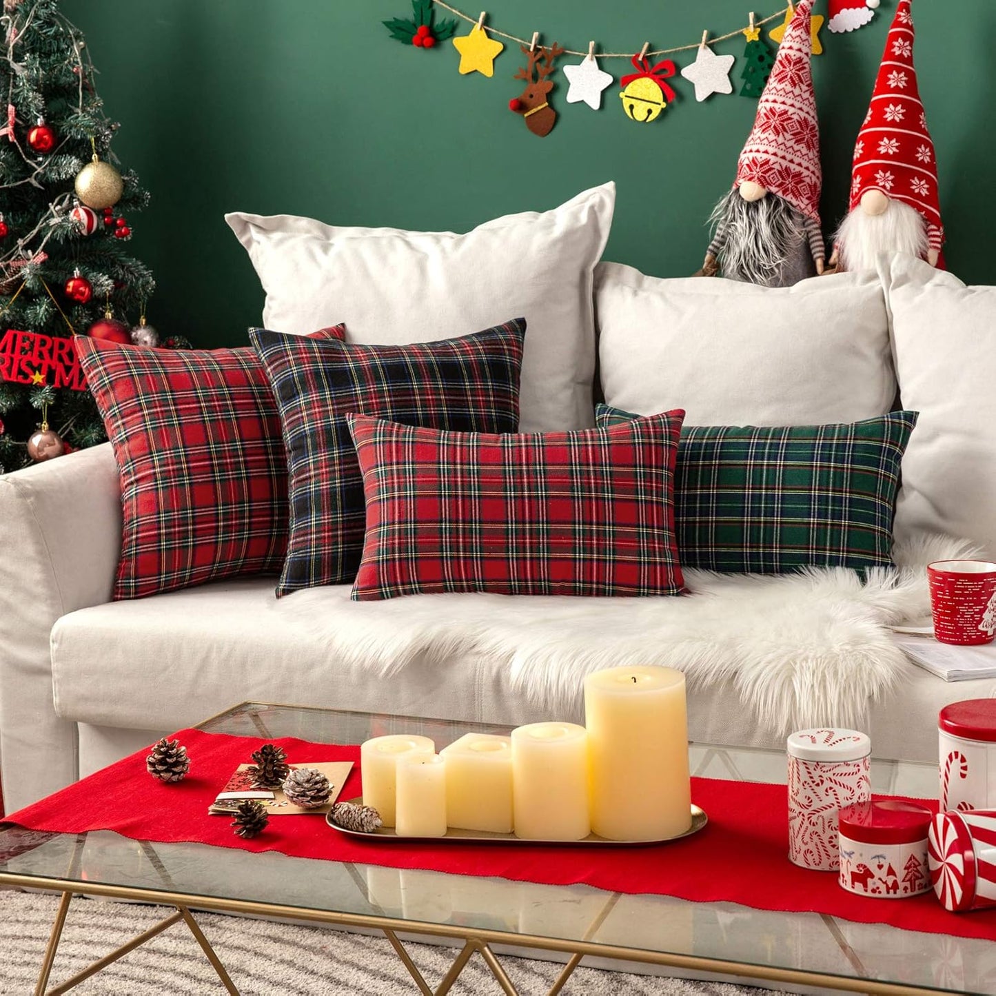 Christmas Set of 2 Scottish Tartan Plaid Throw Pillow Covers Farmhouse Classic Decorative Outdoor Square Cushion Cases for Decor Sofa Couch 18X18 Inch, Dark Blue