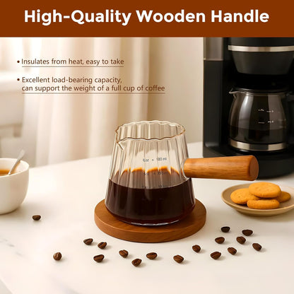 6 Oz/180Ml Glass Measuring Cup with Wooden Handle – Espresso Shot Cups, Ribbed Milk Frothing Pitcher, Dual Scale Markings, V-Shaped Mouth for Easy Pouring