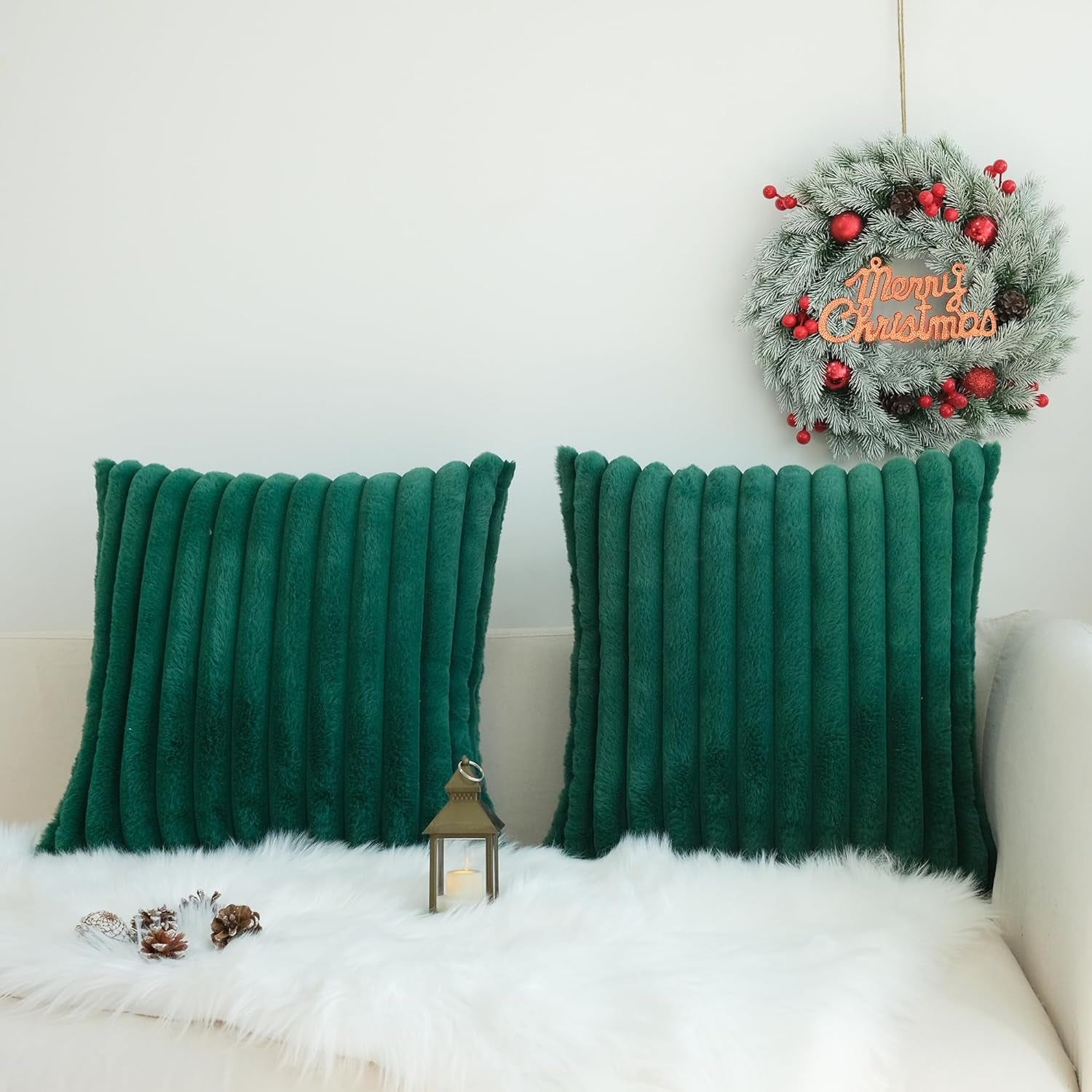 Pack of 2 Faux Fur Plush Decorative Throw Pillow Covers Couch Cushion Case Soft Pillowcases (Dark Green, 20 X 20-Inch)