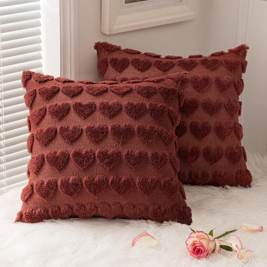 Set of 2 Burgundy Valentines Pillow Covers Heart Love Christmas Decorative Christmas Cute Throw Pillows 18X18 Inch Soft Plush Faux Wool Farmhouse for Spring Sofa Livingroom Bed
