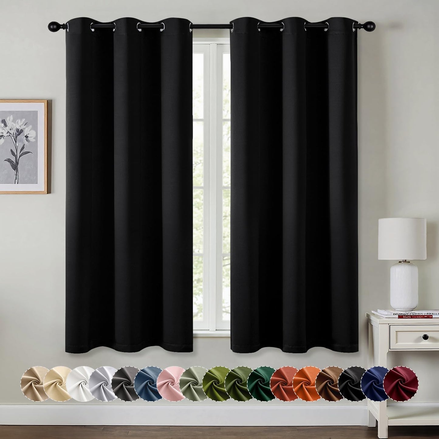 Black Blackout Curtains for Bedroom Living Room 63 Inches Long 2 Panels, Thermal Insulated Room Darkening Drapes Solid Grommet Top Noise Reduction Light Blocking Halloween Window Treatments