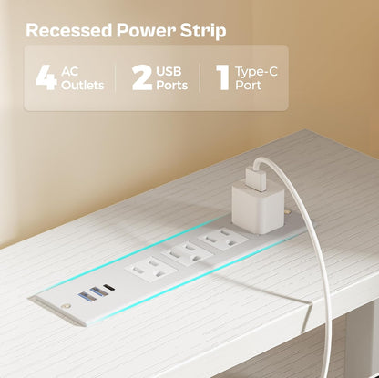 47-Inch Computer Desk with Four Drawers, LED Lighting, and Power Outlets - Spacious Home Office and Gaming Desk in White