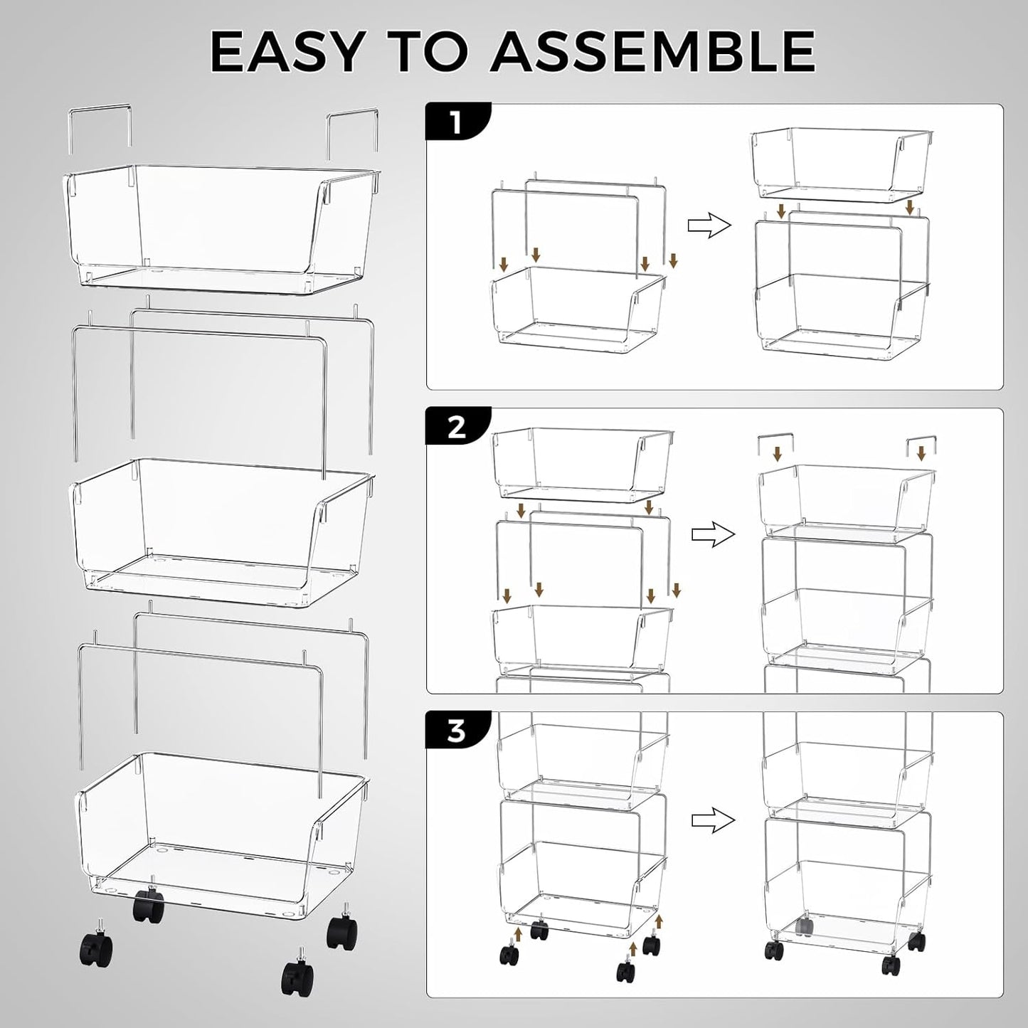 3 Tier Rolling Cart for Kitchen, Bathroom, Office – Acrylic Utility Storage Carts with 2 Lockable Wheels – Ideal for Small Spaces, Pantry, Classroom, Makeup Organizer, Dorm Storage, Clear
