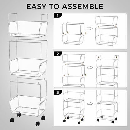 3 Tier Rolling Cart for Kitchen, Bathroom, Office – Acrylic Utility Storage Carts with 2 Lockable Wheels – Ideal for Small Spaces, Pantry, Classroom, Makeup Organizer, Dorm Storage, Clear