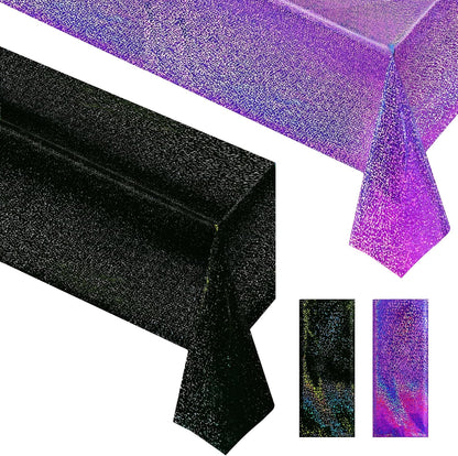 Set of 2 Black and Purple Holographic Laser Tablecloths - Iridescent Shiny Table Covers (40" x 108") for Halloween, Birthday Parties, and Wedding Events