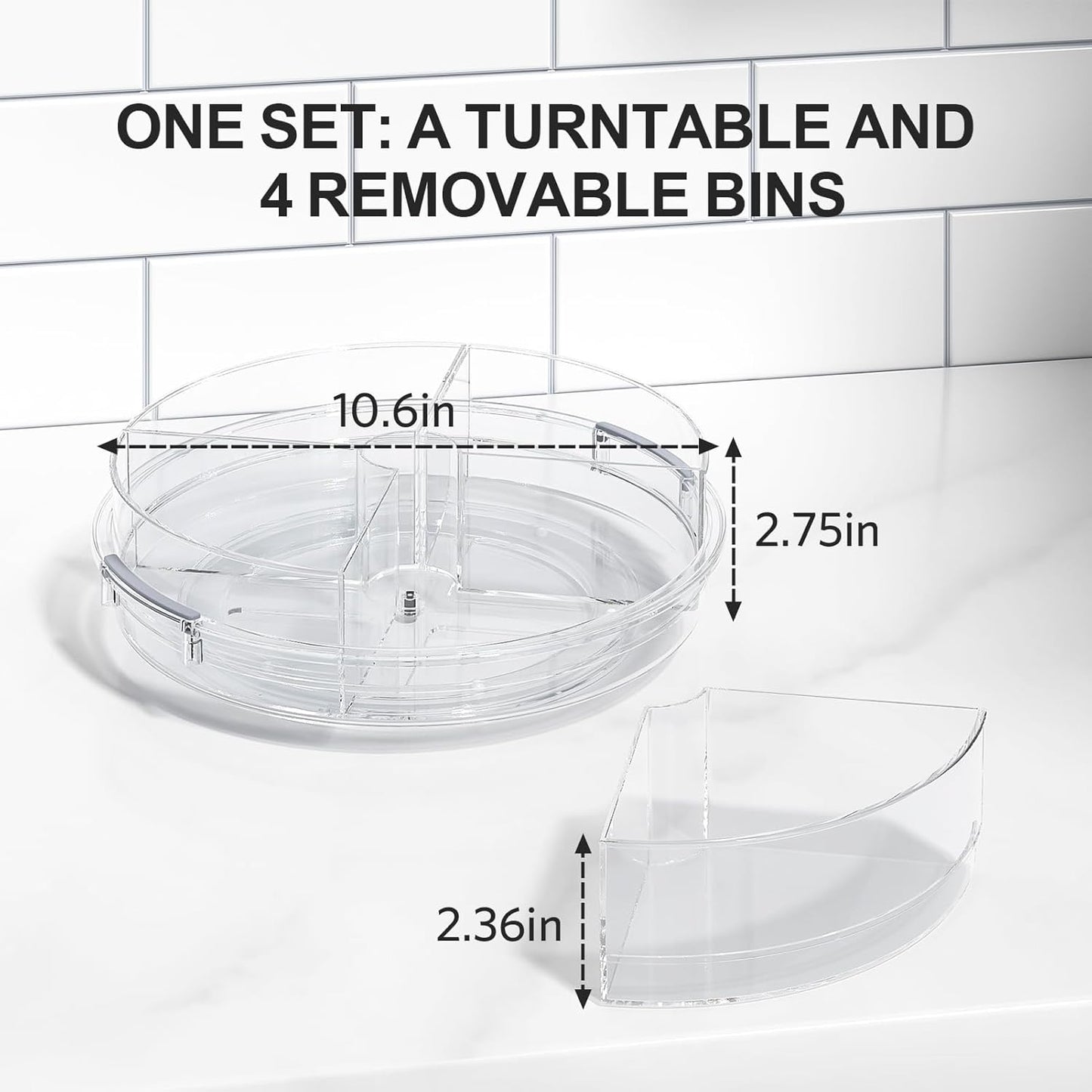 2 Pack Lazy Susan Turntable Organizer for Cabinet with 4 Removable Bins 10.6'' Rotating Condiment Snack Organizer Storage for Kitchen Pantry, Fridge, Bathroom, Medicine Cabinet Organizer
