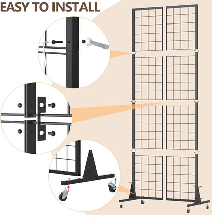 Gridwall Panel Display Stand - Craft Show Display Rack with Extra 24 Hooks, 2' X 5.5' Ft Black Metal Grids Standing Wire Rack for Retail Art Fair - 3 Set