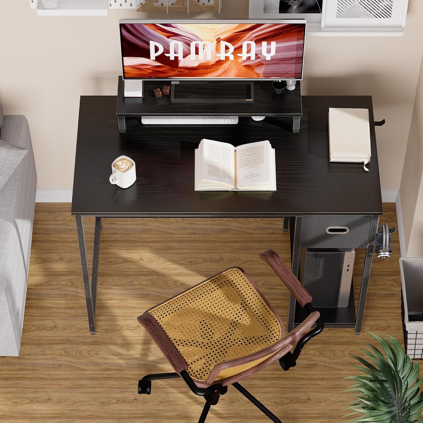 39 Inch Computer Desk with Monitor Stand Small Home Office Desks with Non-Woven Storage Drawer for Bedroom Study Table Writing and Work Desk Orange