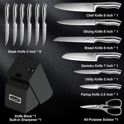 Sharp Knife Set,One-Piece Molding,Sharper Blade Ergonomic Non-Slip Steel Handle,Block Knife Set Chef Knife Set with Built-In Sharpener(Black,15Pcs)