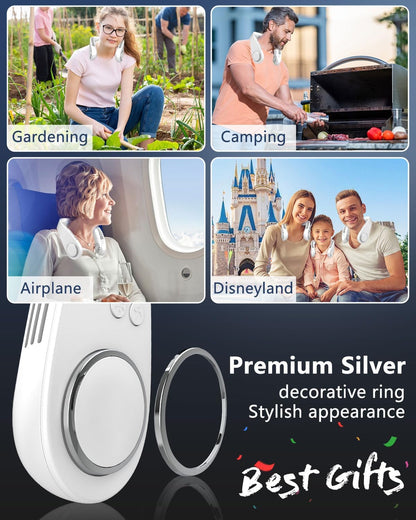 Neck Fans That Blow Cold Air Rechargeable,Neck Fan Air Conditioner Personal Cooling Device,Portable Battery Powered Silent Headphones round Leafless Necklace AC Fan for Women Men Adults Kids White