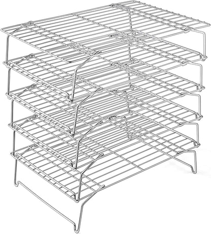 Cooling Rack, 5-Tier Stainless Steel Stackable Baking Cooking Racks for Cooling Roasting Grilling, Collapsible & Heavy Duty, Oven Safe & Easy Clean, 15" X 10", Silver