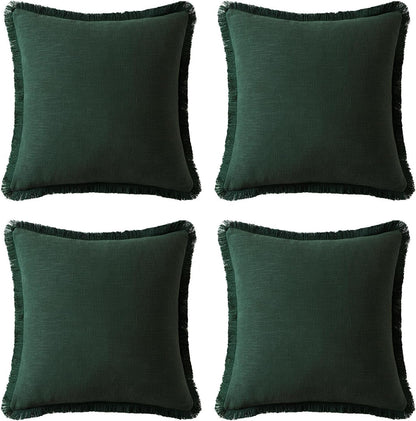 Linen Pillow Covers 18X18 Inch Dark Green Decorative Throw Pillows with Fringe Pack of 4 Soft Farmhouse Boho Couch Pillows Home Decors for Sofa Cushion Living Room Bed