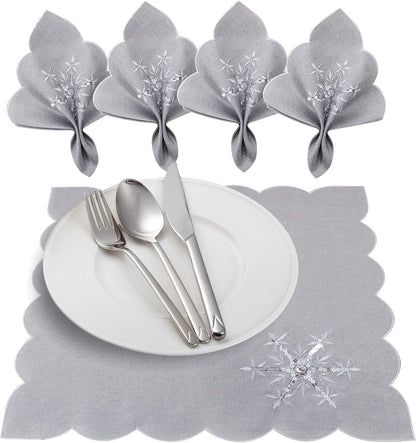 Christmas Table Napkins Cloth Set of 4, Embroidered Snowflake Napkins 18X18 Inch, Silver Napkins Glittering Sequins for Dinner, Xmas Holiday Napkins for Familiy Dinning, Grey, Machine Washable
