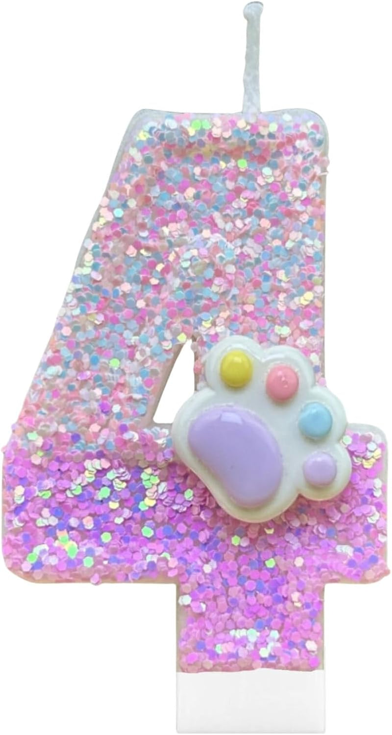 Cat and Dog Paw Number Candles for Cake Decoration, Pink Kitten Paw Number 4 Candle, Dog Themed Birthday Cake Topper for Party Decorations