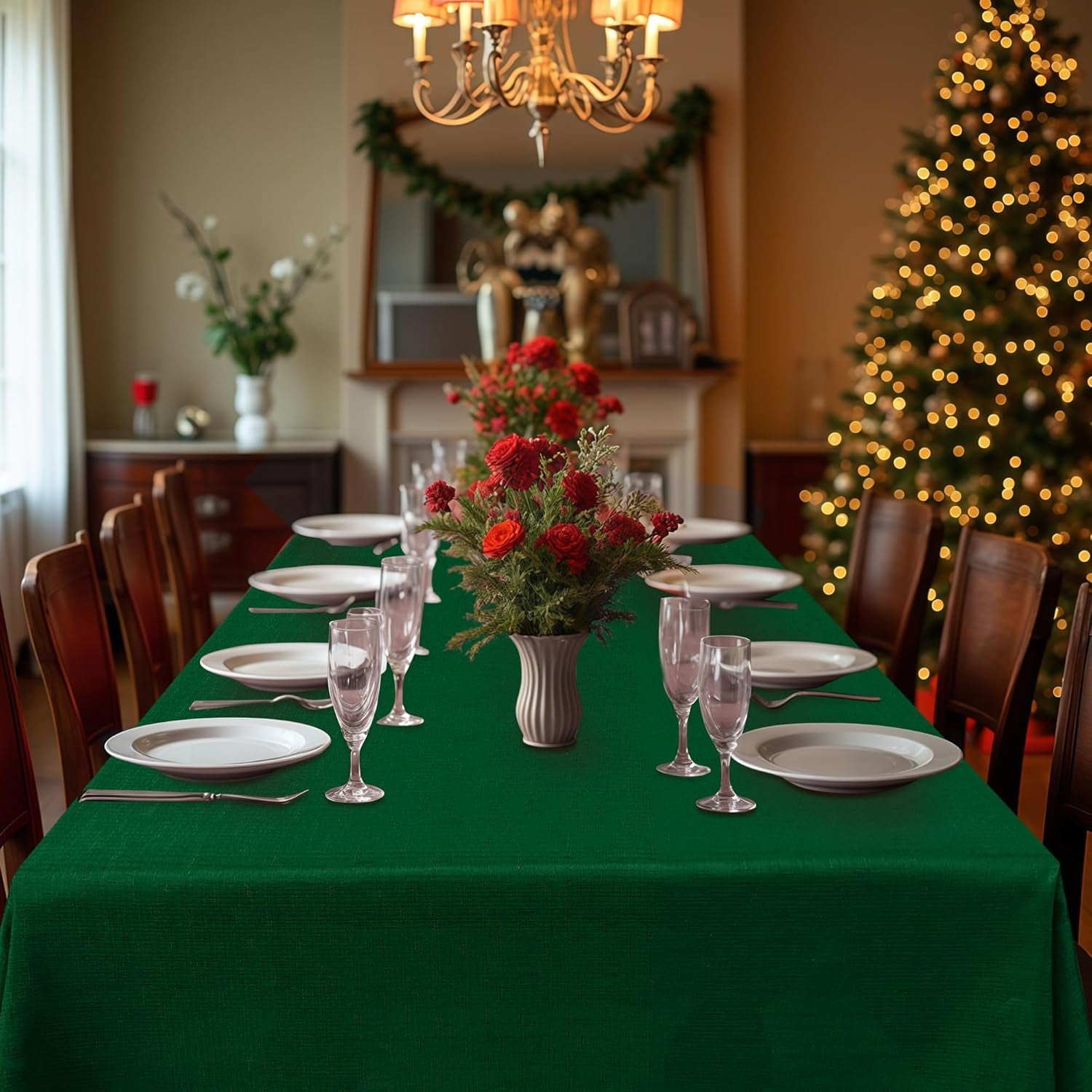 Faux Linen Tablecloths 60 x 84 Inches - Set of 2 Hunter Green Rectangular Table Covers for Parties, Banquets, Kitchen Dining, and Farmhouse Decor