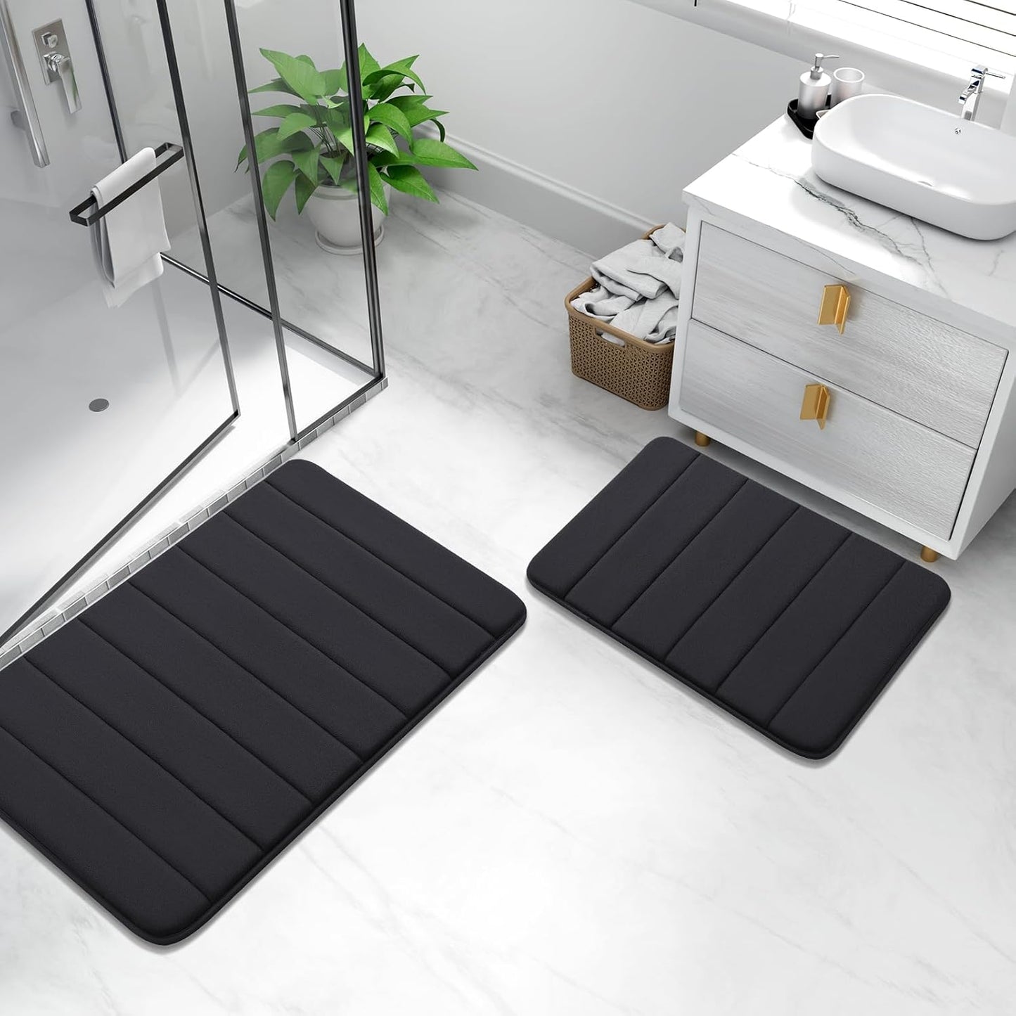 Bathroom Rug and Mat Set, 2 Piece Memory Foam Bath Mat Set, Machine Wash Dry, Soft Non Slip Absorbent Bath Rug for Bathroom, Shower and Tub (30" X 20"+24" X 16", Black)