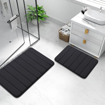Bathroom Rug and Mat Set, 2 Piece Memory Foam Bath Mat Set, Machine Wash Dry, Soft Non Slip Absorbent Bath Rug for Bathroom, Shower and Tub (30" X 20"+24" X 16", Black)