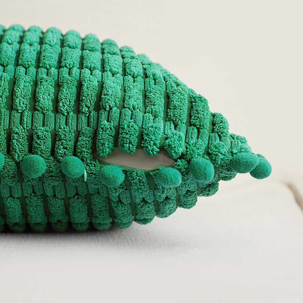 2 Packs Green Euro Decorative Throw Pillow Covers 26X26 Inch with Pom-Poms for Couch Bed Sofa, Boho Home Decor, Soft Striped Corduroy Accent Square Forest Green Cushion Case 66X66 Cm