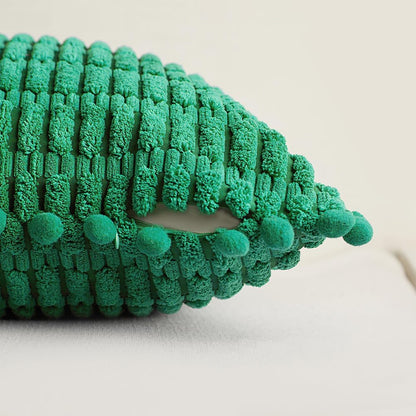 2 Packs Green Euro Decorative Throw Pillow Covers 26X26 Inch with Pom-Poms for Couch Bed Sofa, Boho Home Decor, Soft Striped Corduroy Accent Square Forest Green Cushion Case 66X66 Cm