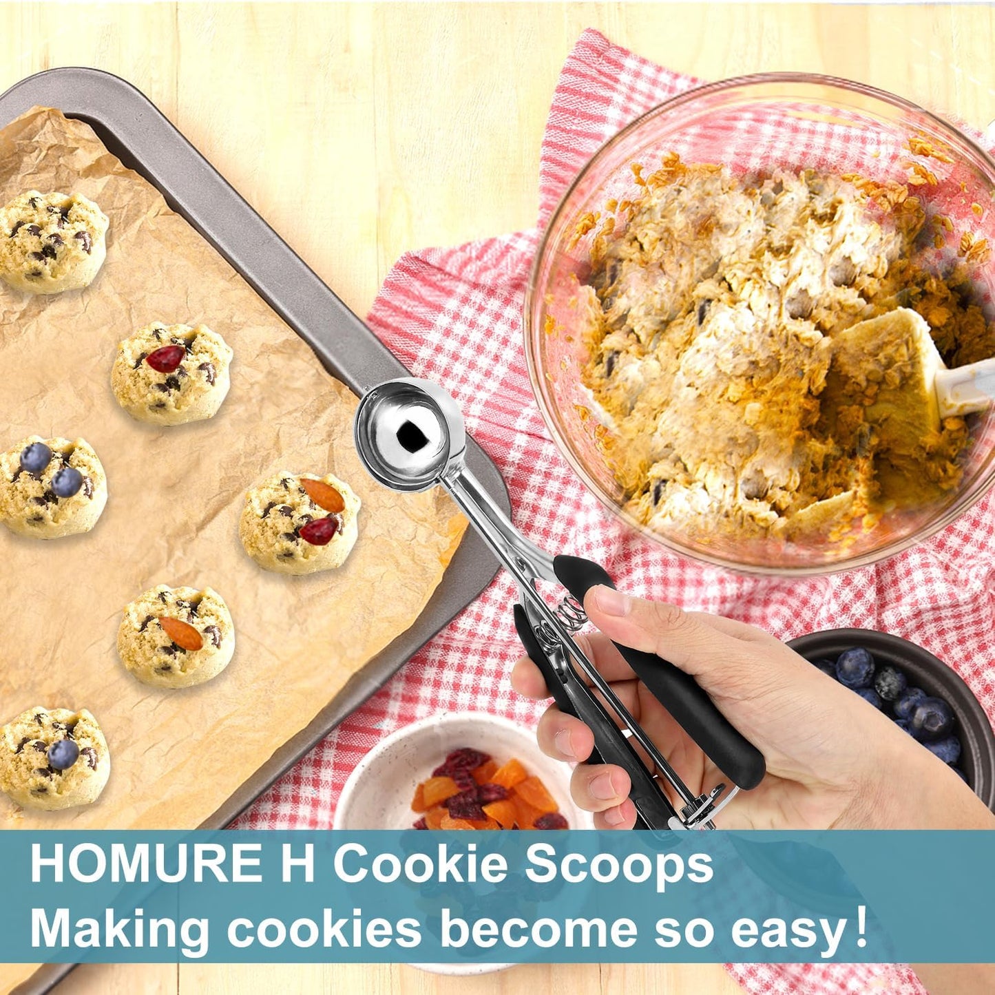 Cookie Scoop Set, Include 1 Tbsp/2 Tbsp/3 Tbsp, Cookie Scoops for Baking Set of 3, 18/8 Stainless Steel, Good Grip, Non-Slip, for Cookies Cupcake Muffin Ice Cream Waffle