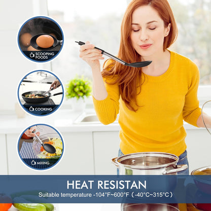 446°F Heat Resistant Large Silicone Cooking Spoon, BPA Free Solid Slotted Spoons, Nonstick Kitchen Cookware Utensils, Mixing, Serving, Stiring Large Spoons, Black