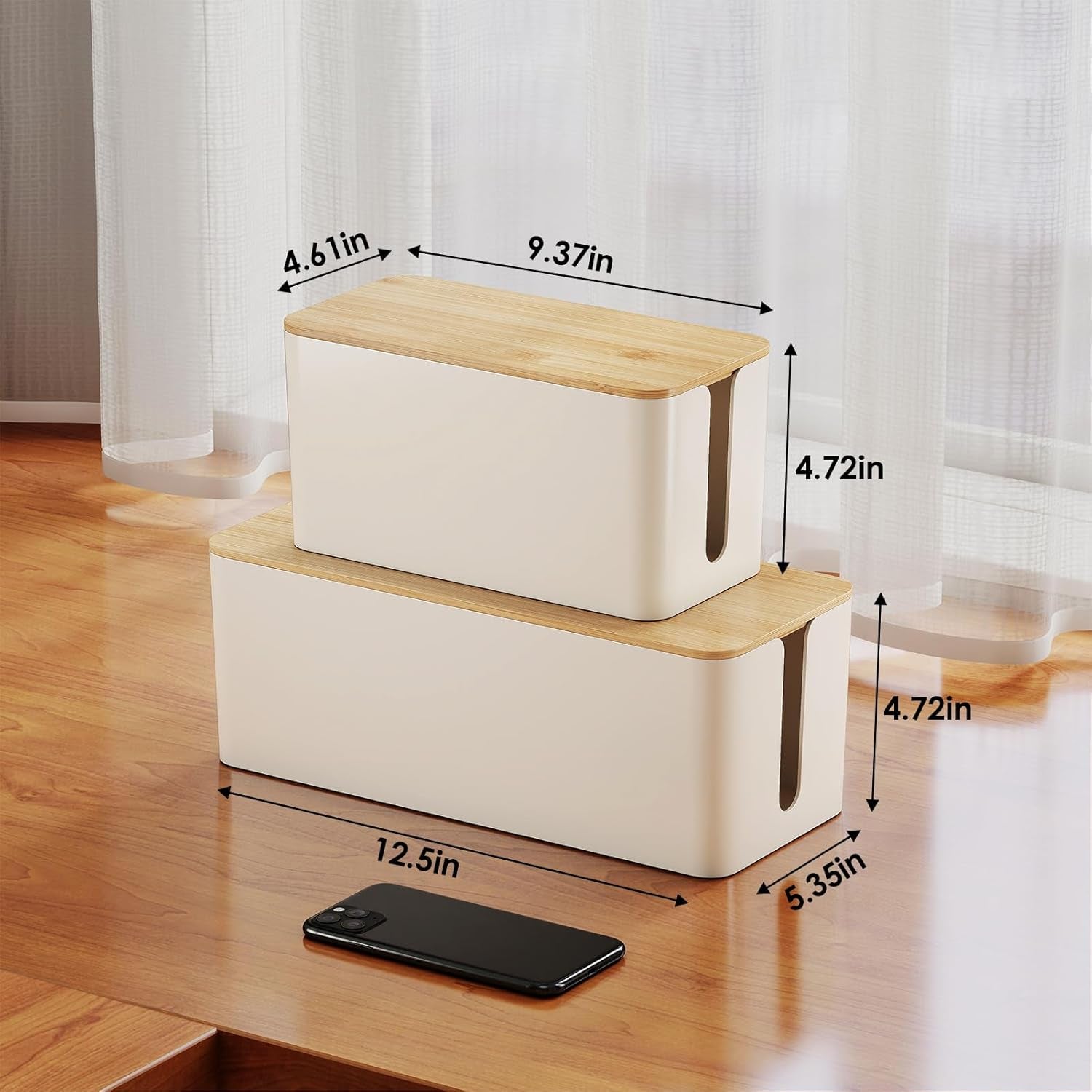 2 Pack Cable Management Box, Safe ABS Wood Grain Desk Medium and Small Cord Organizer, Baby-Pet Proof Lock under Desk Cover Hidden for USB Hub TV Wires Computer Desks and Power Strips