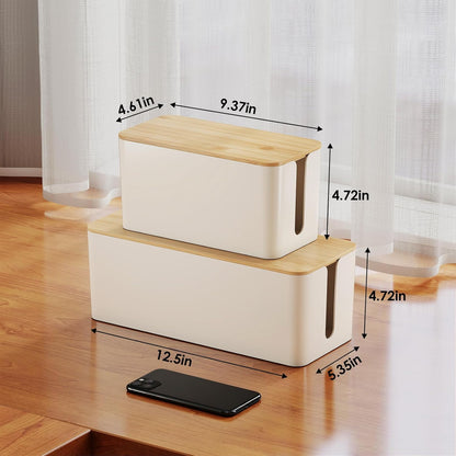 2 Pack Cable Management Box, Safe ABS Wood Grain Desk Medium and Small Cord Organizer, Baby-Pet Proof Lock under Desk Cover Hidden for USB Hub TV Wires Computer Desks and Power Strips