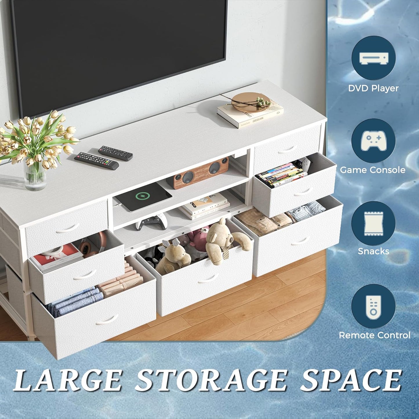 Elegant Bedroom Dresser with Power Outlets and LED Lighting, 7-Drawer TV Stand for Up to 55-Inch TVs, 47-Inch Console with Open Shelf, Wide White PU Leather Finish