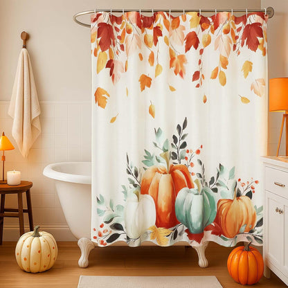 Fall Thanksgiving Shower Curtain, Waterproof Printed Harvest Autumn Floral Pumpkin Bathroom Curtain Decor, Farmhouse Halloween Shower Curtains for Bathroom, 72X72 Inch
