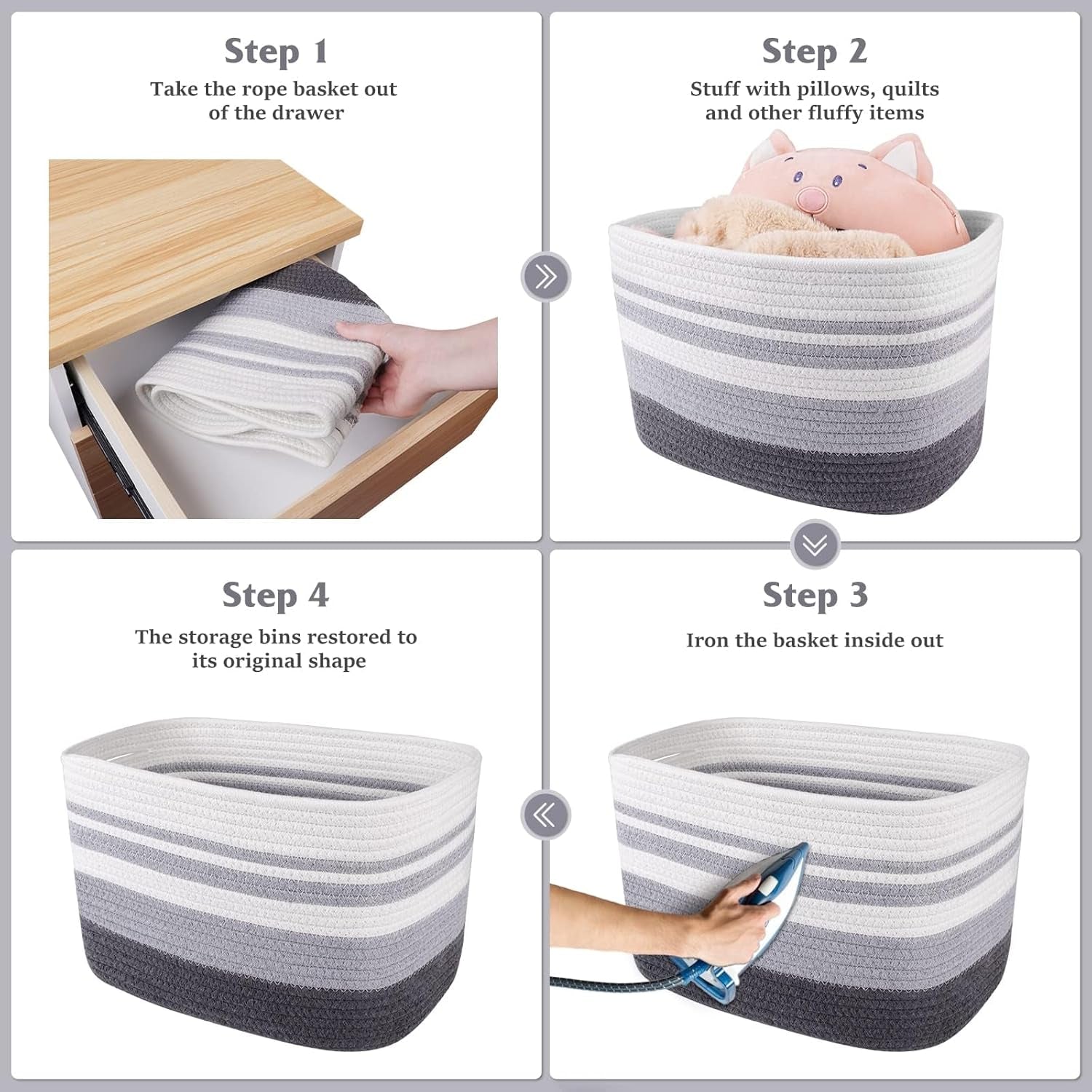 Storage Basket 3 Pack, Laundry, Blanket, Cotton Rope and Woven Baskets for Organizing, Toy Storage for Living Room, Laundry Room, Bedroom, Nursery, Grey