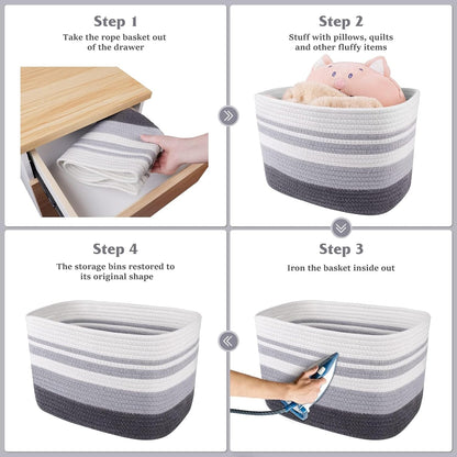 Storage Basket 3 Pack, Laundry, Blanket, Cotton Rope and Woven Baskets for Organizing, Toy Storage for Living Room, Laundry Room, Bedroom, Nursery, Grey