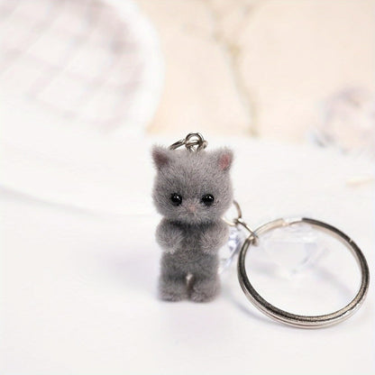 Cute Cat Keychain Fluffy Gray Kitten Animal Resin Key Chain Ring Purse Bag Backpack Charm Earbud Case Cover Accessories