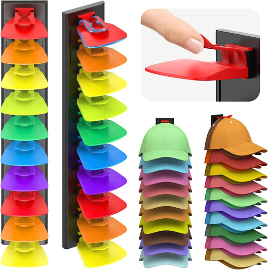 Hat Organizer for Baseball Caps, 2 Pack Hat Rack for Wall Space Saving Hold up to 40 Hats, Hat Hanger W/Strong Adhesive Hat Storage Holder Display for Closet Door and Wall (Black & Color)