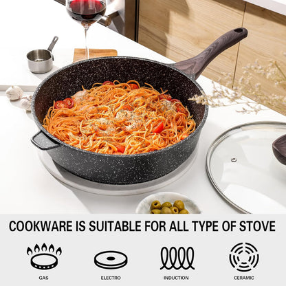 Nonstick Deep Frying Pan with Lid, 12 Inch Large Skillet, 5 Qt Non Stick Saute Pan for Cooking, Healthy Induction Cookware, PFOA Free