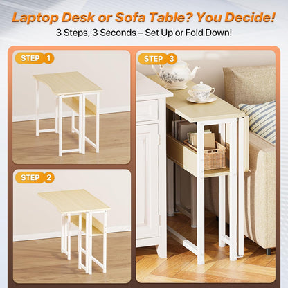 Folding Desk with Storage Shelf - 31.5 Inch Compact Computer Table for Small Spaces, Space-Saving Sofa Table, Writing and Office Use, Easy to Fold, Oak Finish