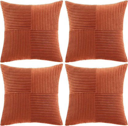 Set of 4 Burnt Orange Decorative Throw Pillow Covers 18X18 Inch for Living Room Couch Bed, Boho Farmhouse Fall Home Decor, Soft Textured Corduroy Cross Patchwork Cushion Case 45X45 Cm