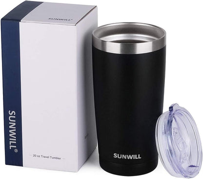 Travel Coffee Tumbler 20 Oz, Insulated Mug with Lid, Stainless Steel Cup for Outdoor, Powder Coated Black