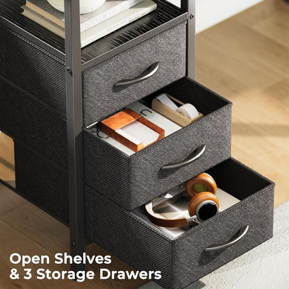 L-Shaped Office Desk with Power Outlets, 47-Inch Computer Desk featuring 3 Drawers and Shelves for Gaming, Home Office, and Study in Black