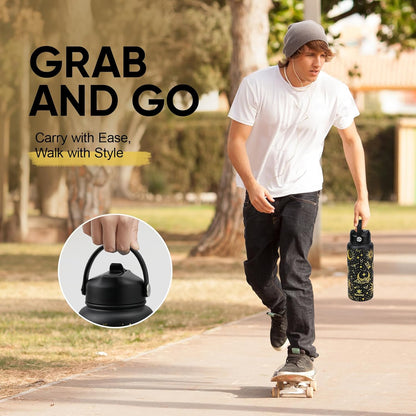 32 Oz Insulated Stainless Steel Water Bottle with Flip Straw and Handle, Leak Proof, Reusable, Wide Mouth Design - Golden Sparkle for Travel, Gym, and School