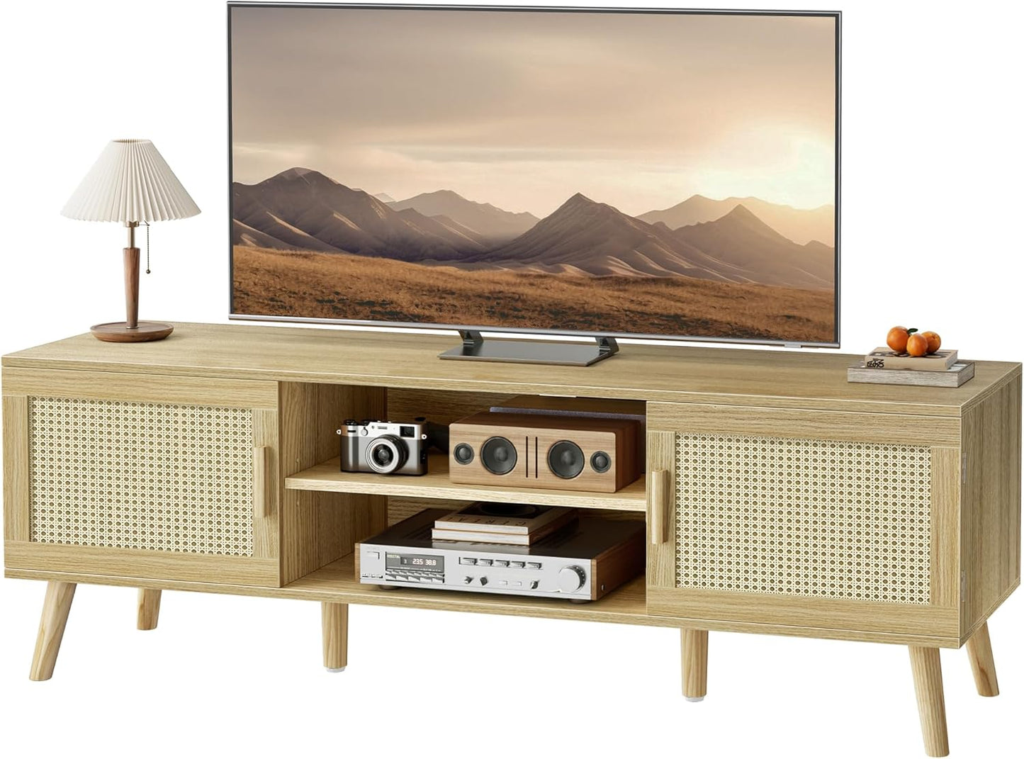 Bohemian-Style TV Stand for 65-Inch TVs, Adjustable Shelf Entertainment Center with Rattan Design, Dual Cabinets, Solid Wood Legs, Media Console with 4 Cord Management Holes - Natural Finish