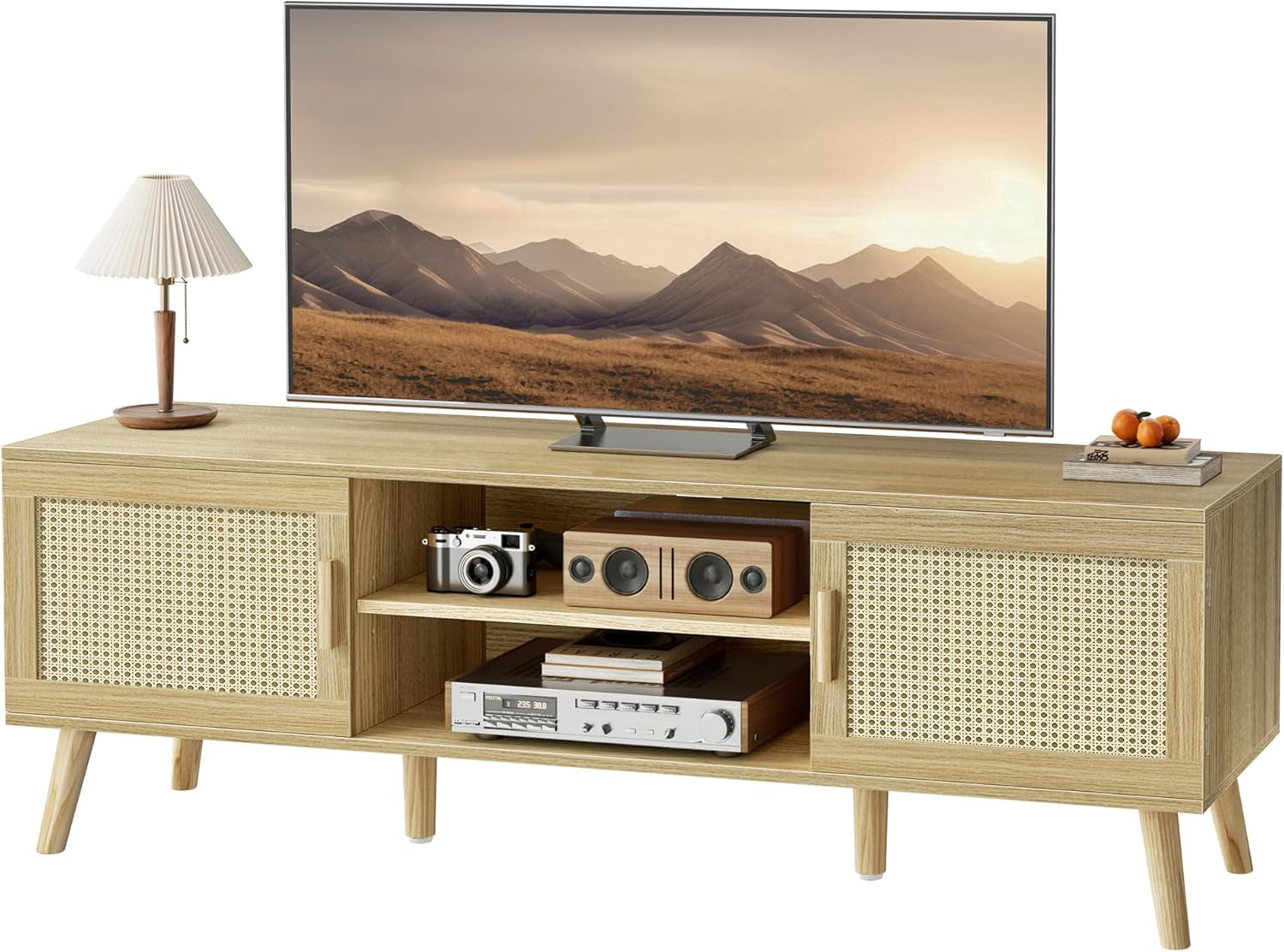 Bohemian-Style TV Stand for 65-Inch TVs, Adjustable Shelf Entertainment Center with Rattan Design, Dual Cabinets, Solid Wood Legs, Media Console with 4 Cord Management Holes - Natural Finish