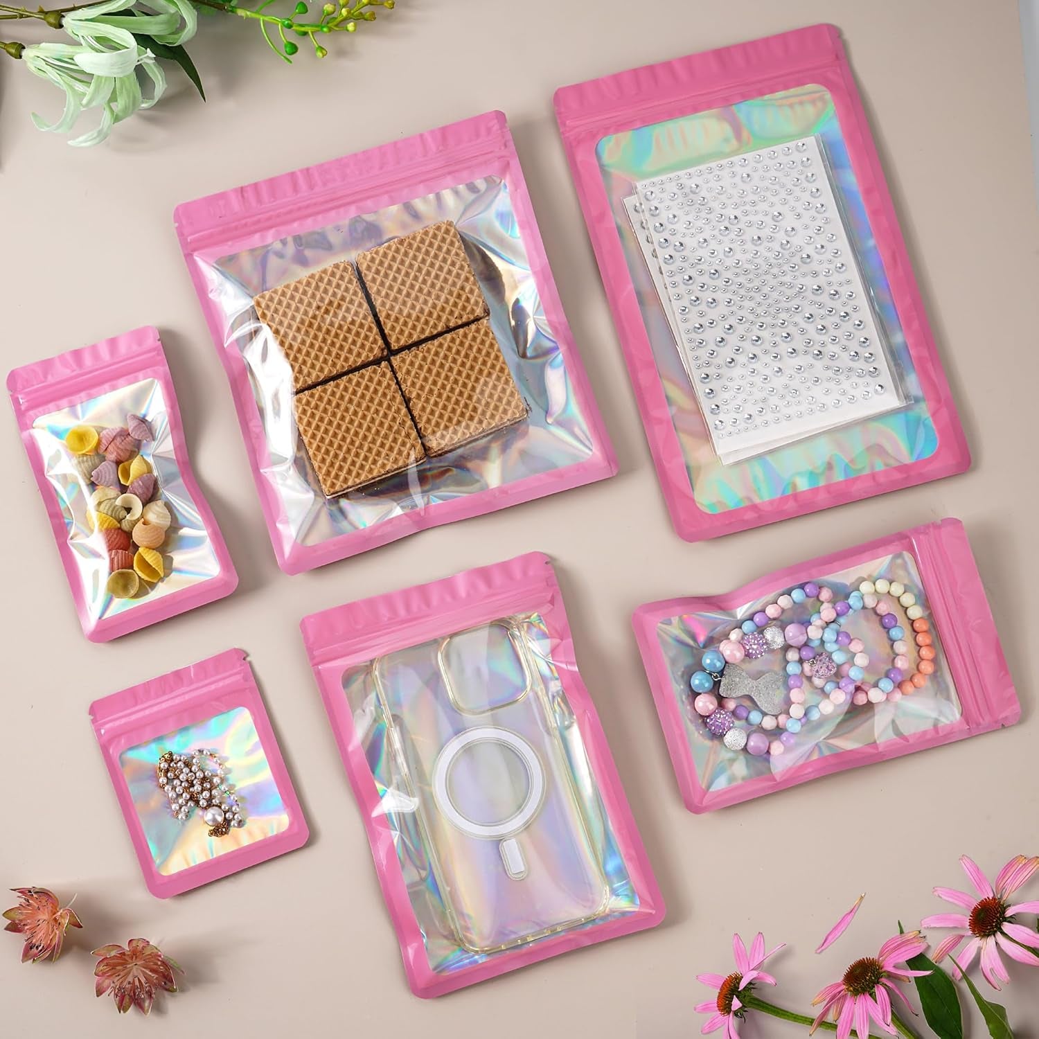 100-Pack 2×2 Inch Mylar Bags with Clear Window Holographic Resealable Sealable Packaging Zip Bag for Small Bussiness Jewelry Candy Sample Food Packing Supplies （Pink）