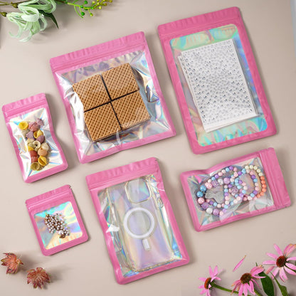 100-Pack 2×2 Inch Mylar Bags with Clear Window Holographic Resealable Sealable Packaging Zip Bag for Small Bussiness Jewelry Candy Sample Food Packing Supplies （Pink）