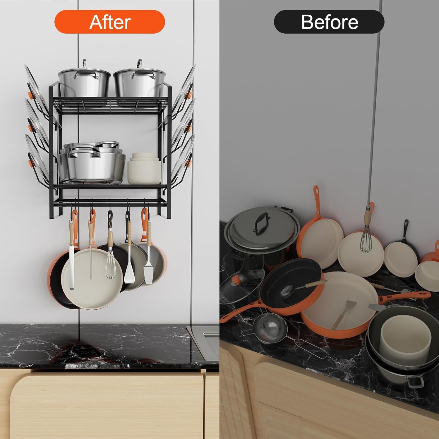 17 Inch Pot Rack Wall Mounted, 2 Tier Pots and Pans Organizer with 10 Hooks and 6 Pot Lid Holders, Heavy Duty Steel Pot and Pan Hanger for Kitchen Cookware Utensils Storage 24" Lx13 Wx20.5 H