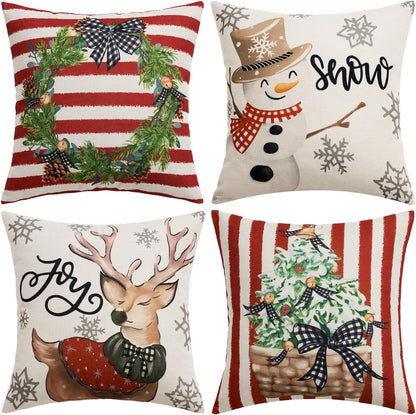 Set of 4 Holiday Red Decorative Pillow Covers 16X16 Inch Snowman Elk Merry Christmas Throw Pillow Cases Winter Seasonal Cushion Cases Home Decors for Sofa Couch Bedroom