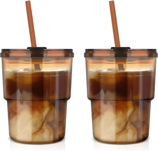 13Oz Tumbler Water Glass Cups with Straw and Lid, 2 Pack Reusable Glass Coffee Tumbler for Iced Tea, Coffee, Sealed Carry-On Travel Cups for Office, Party, Camping and Outdoor, Gifts