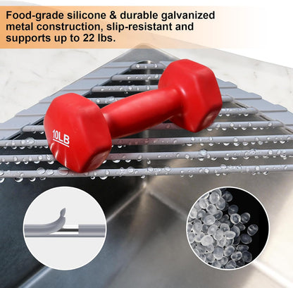 Corner Sink Caddy Kitchen Sink Organizer, Silicone Wrapped Triangle Roll up Dish Drying Rack over Sink Drainer Mat, Anti-Slip Sponge Holder Corner Shelf for RV Kitchen Sink Accessories Counter Storage