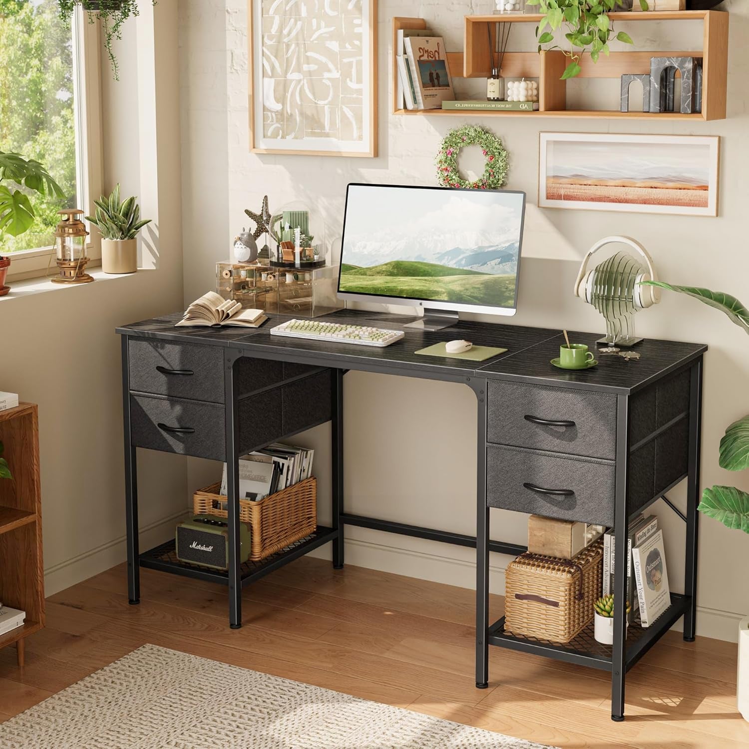 55-Inch Computer Desk with Four Drawers and Mesh Shelf for Home Office, Gaming, and Study Use